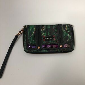Sakroots Green Jungle Print Zip Up Wristlet Wallet Purple Sequins